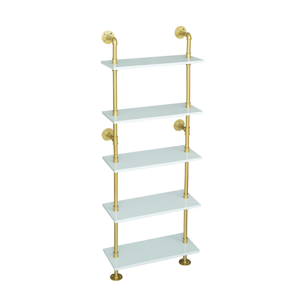 Industrial Gold Bookshelf-6 Tier Wall Mounted Ladder Bookshelf, Rustic Gold Storage Book Shelves Display Bookcases for Living Room/Home/Office