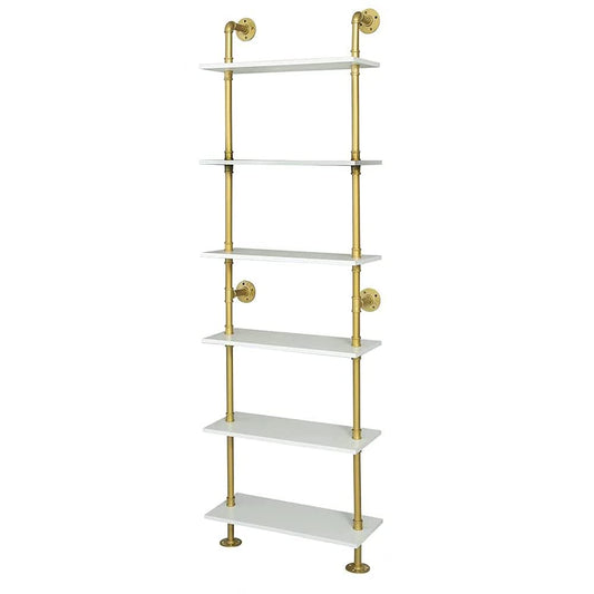 Industrial Gold Bookshelf-6 Tier Wall Mounted Ladder Bookshelf, Rustic Gold Storage Book Shelves Display Bookcases for Living Room/Home/Office