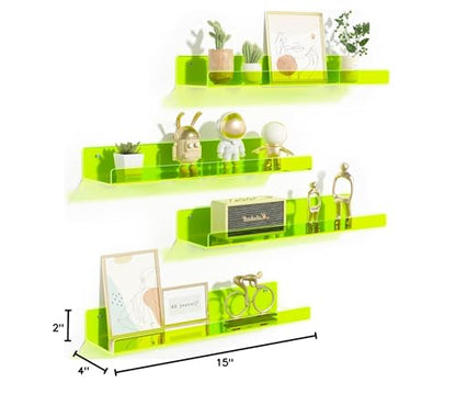 upsimples 4 Pack Acrylic Shelves for Wall Storage, 15" Floating Bookshelves for Kids, Display Shelf Organizer for Bathroom, Bedroom, Living Room, Kitchen, Room Decor, Clear