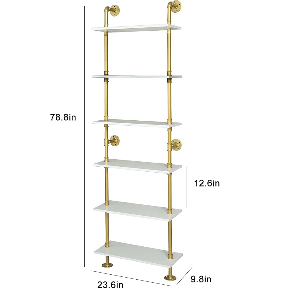 Industrial Gold Bookshelf-6 Tier Wall Mounted Ladder Bookshelf, Rustic Gold Storage Book Shelves Display Bookcases for Living Room/Home/Office