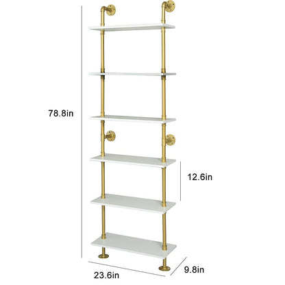 Industrial Gold Bookshelf-6 Tier Wall Mounted Ladder Bookshelf, Rustic Gold Storage Book Shelves Display Bookcases for Living Room/Home/Office