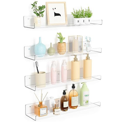 upsimples 4 Pack Acrylic Shelves for Wall Storage, 15" Floating Bookshelves for Kids, Display Shelf Organizer for Bathroom, Bedroom, Living Room, Kitchen, Room Decor, Clear