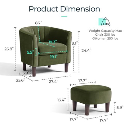 LINSY Accent Chair with Ottoman, Modern Barrel Chair Comfy Armchair Reading Chair with Footrest, Round Arms Chair for Living Room Bedroom Reading Room, Velvet, Olive