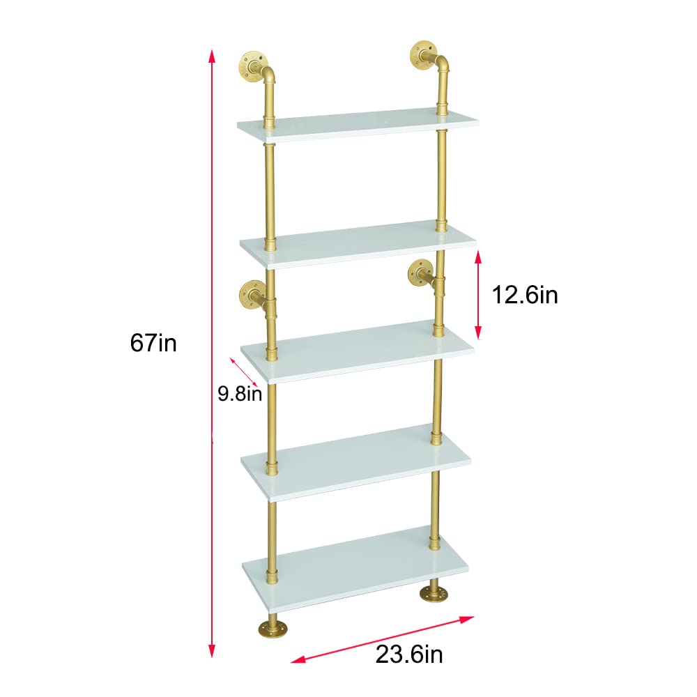 Industrial Gold Bookshelf-6 Tier Wall Mounted Ladder Bookshelf, Rustic Gold Storage Book Shelves Display Bookcases for Living Room/Home/Office