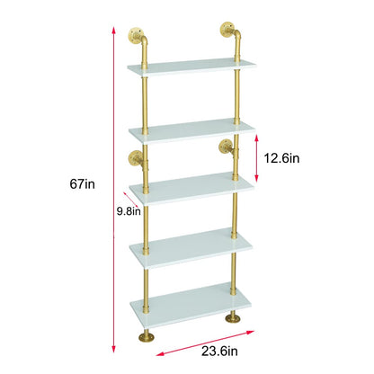 Industrial Gold Bookshelf-6 Tier Wall Mounted Ladder Bookshelf, Rustic Gold Storage Book Shelves Display Bookcases for Living Room/Home/Office