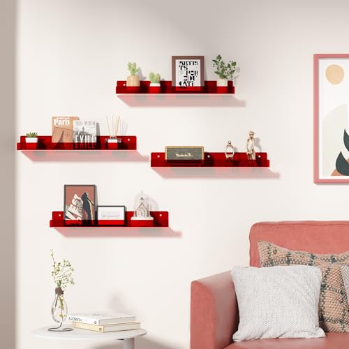 upsimples 4 Pack Acrylic Shelves for Wall Storage, 15" Floating Bookshelves for Kids, Display Shelf Organizer for Bathroom, Bedroom, Living Room, Kitchen, Room Decor, Clear