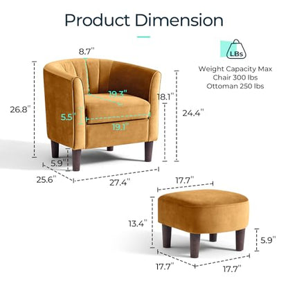 LINSY Accent Chair with Ottoman, Modern Barrel Chair Comfy Armchair Reading Chair with Footrest, Round Arms Chair for Living Room Bedroom Reading Room, Velvet, Olive