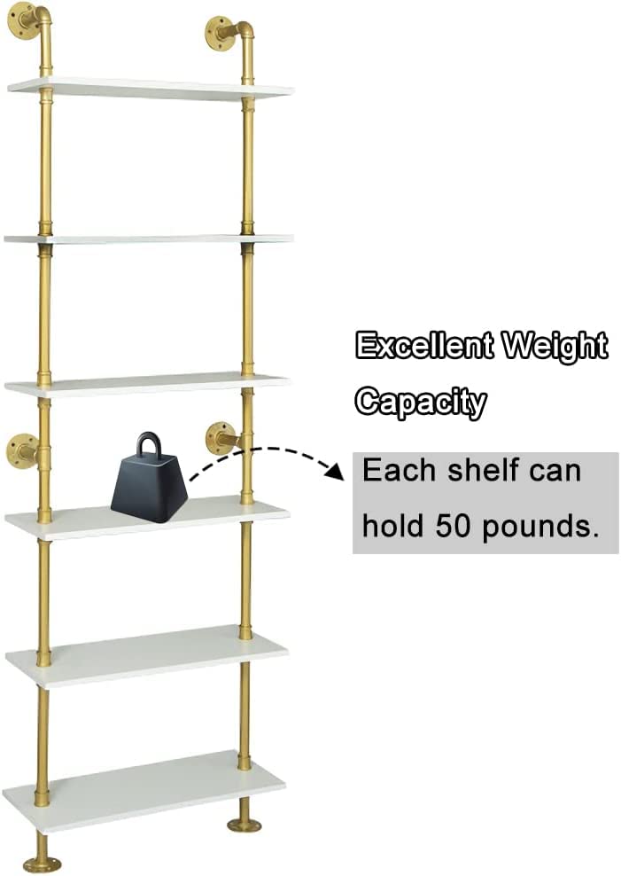 Industrial Gold Bookshelf-6 Tier Wall Mounted Ladder Bookshelf, Rustic Gold Storage Book Shelves Display Bookcases for Living Room/Home/Office