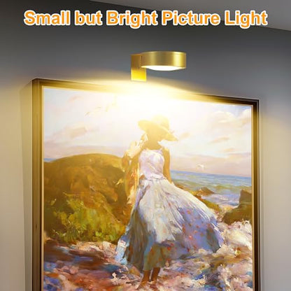 3Pcs Battery Operated Picture Light, Magnetic Led Painting Light with Remote Dimmable and Timer, 3 Lighting Modes Art Display Light for Picture Frame Paintings, Wireless Wall Decor Puck Lights, Gold