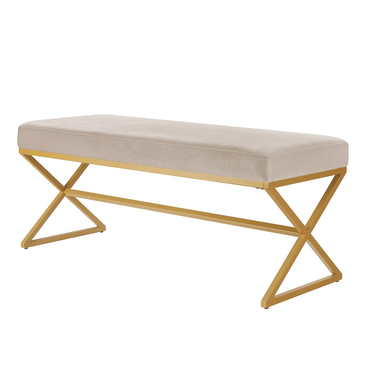 24KF Velvet Upholstered Entryway Bench with Metal Leg, Padded Bedroom Bench Seat Cushion with Golden Metal X-Legs -Jade