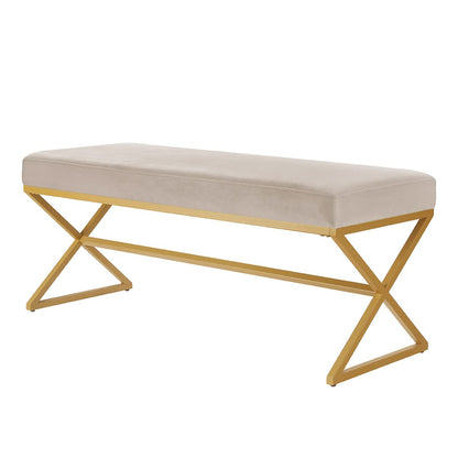 24KF Velvet Upholstered Entryway Bench with Metal Leg, Padded Bedroom Bench Seat Cushion with Golden Metal X-Legs -Jade