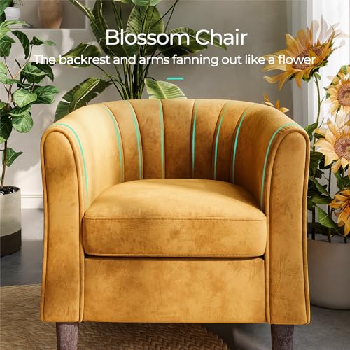 LINSY Accent Chair with Ottoman, Modern Barrel Chair Comfy Armchair Reading Chair with Footrest, Round Arms Chair for Living Room Bedroom Reading Room, Velvet, Olive