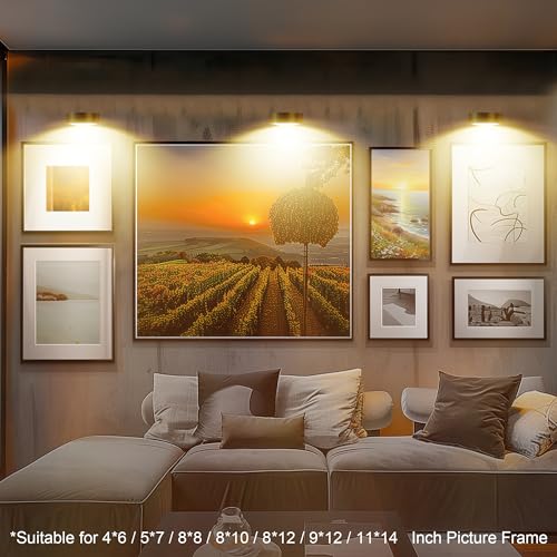 3Pcs Battery Operated Picture Light, Magnetic Led Painting Light with Remote Dimmable and Timer, 3 Lighting Modes Art Display Light for Picture Frame Paintings, Wireless Wall Decor Puck Lights, Gold