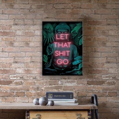 Funny Bathroom Wall Art Let That Shit Go Buddha Bathroom Wall Sign Hanging Decor Office Quotes Neon Posters Wall Decor for Toilet Bathroom Bedroom 11.5x15 Inches