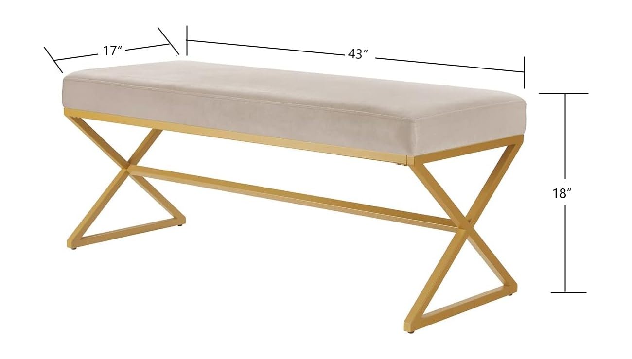 24KF Velvet Upholstered Entryway Bench with Metal Leg, Padded Bedroom Bench Seat Cushion with Golden Metal X-Legs -Jade