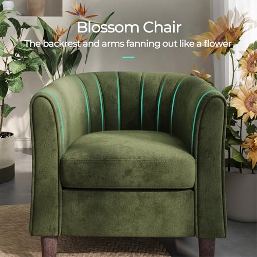 LINSY Accent Chair with Ottoman, Modern Barrel Chair Comfy Armchair Reading Chair with Footrest, Round Arms Chair for Living Room Bedroom Reading Room, Velvet, Olive