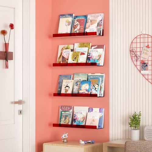 upsimples 4 Pack Acrylic Shelves for Wall Storage, 15" Floating Bookshelves for Kids, Display Shelf Organizer for Bathroom, Bedroom, Living Room, Kitchen, Room Decor, Clear