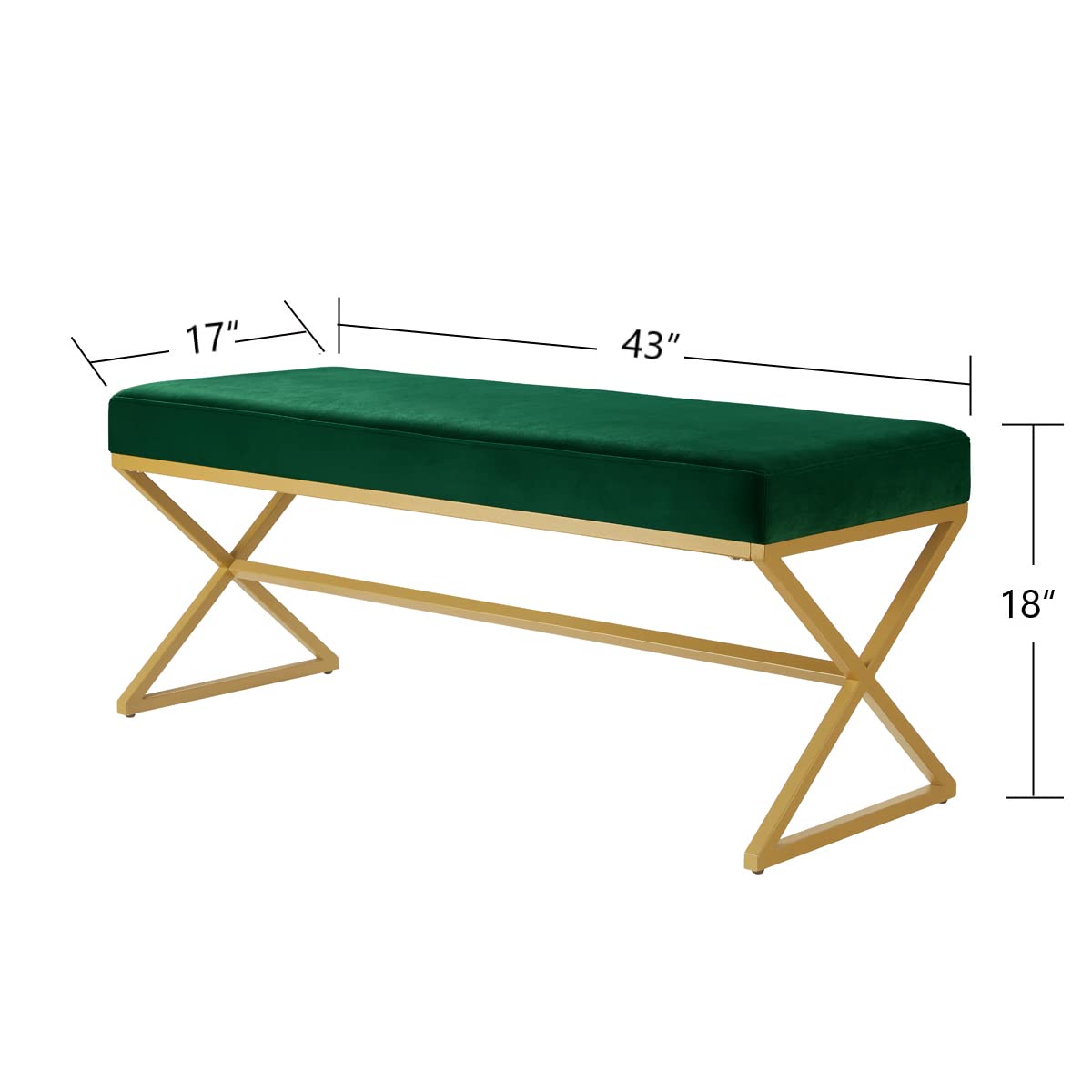 24KF Velvet Upholstered Entryway Bench with Metal Leg, Padded Bedroom Bench Seat Cushion with Golden Metal X-Legs -Jade