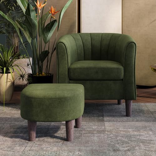 LINSY Accent Chair with Ottoman, Modern Barrel Chair Comfy Armchair Reading Chair with Footrest, Round Arms Chair for Living Room Bedroom Reading Room, Velvet, Olive