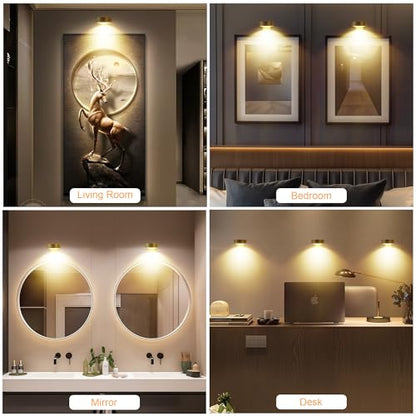 3Pcs Battery Operated Picture Light, Magnetic Led Painting Light with Remote Dimmable and Timer, 3 Lighting Modes Art Display Light for Picture Frame Paintings, Wireless Wall Decor Puck Lights, Gold