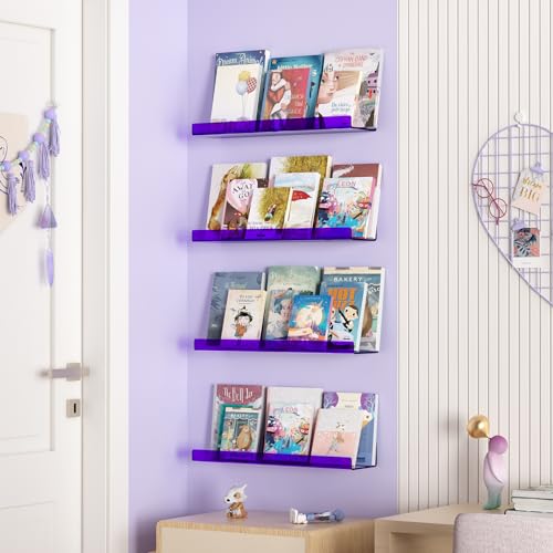 upsimples 4 Pack Acrylic Shelves for Wall Storage, 15" Floating Bookshelves for Kids, Display Shelf Organizer for Bathroom, Bedroom, Living Room, Kitchen, Room Decor, Clear