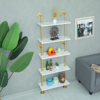 Industrial Gold Bookshelf-6 Tier Wall Mounted Ladder Bookshelf, Rustic Gold Storage Book Shelves Display Bookcases for Living Room/Home/Office