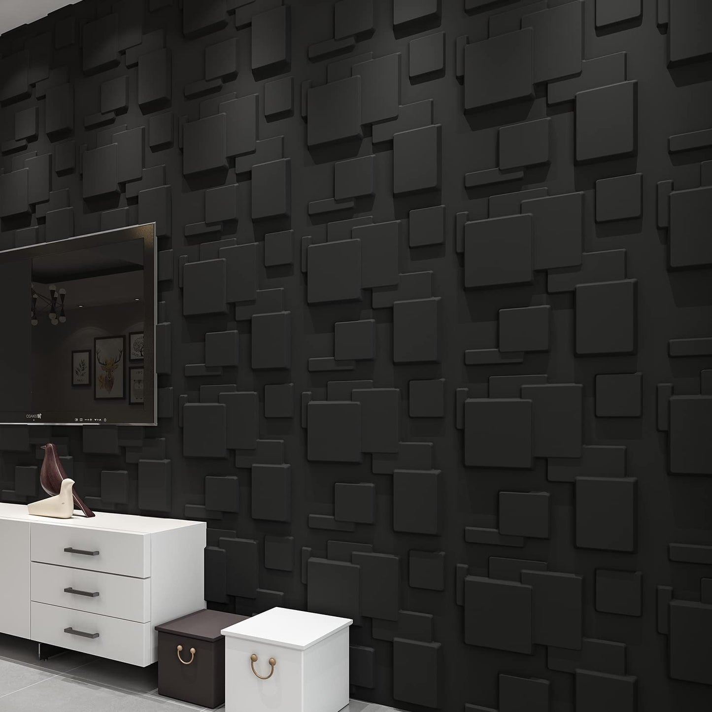 Art3d PVC Decorative Textures Black 3D Wall Panels for Interior Wall Décor, Black Wall Decor,Pack of 12 Tiles 32 Sq Ft