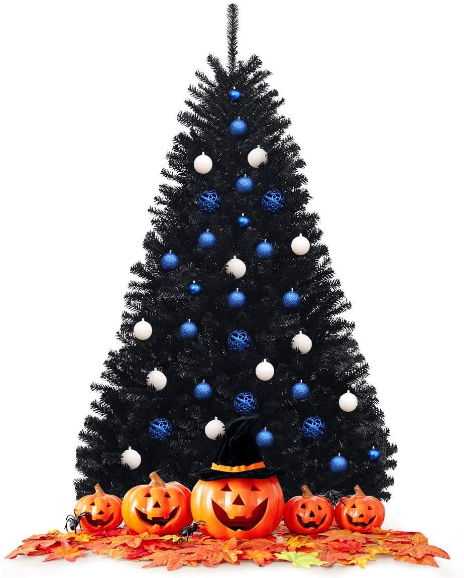 Goplus 6ft Unlit Black Christmas Tree, Artificial Halloween Tree with 1036 Branch Tips, Metal Stand, Xmas Full Tree for Indoor Holiday Carnival Party