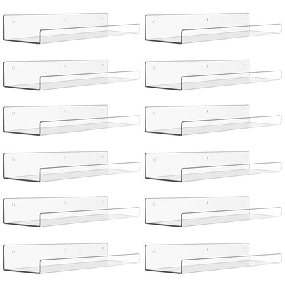 upsimples 4 Pack Acrylic Shelves for Wall Storage, 15" Floating Bookshelves for Kids, Display Shelf Organizer for Bathroom, Bedroom, Living Room, Kitchen, Room Decor, Clear