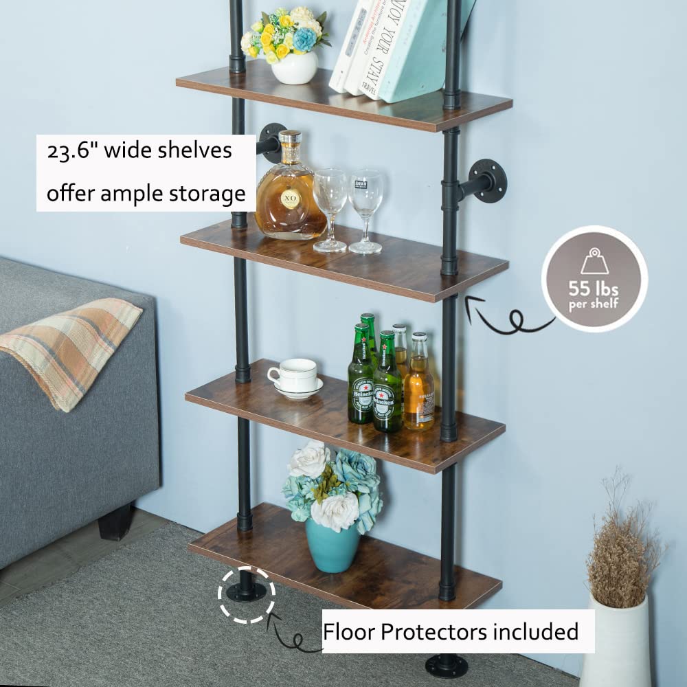 Industrial Gold Bookshelf-6 Tier Wall Mounted Ladder Bookshelf, Rustic Gold Storage Book Shelves Display Bookcases for Living Room/Home/Office