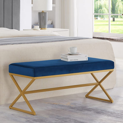 24KF Velvet Upholstered Entryway Bench with Metal Leg, Padded Bedroom Bench Seat Cushion with Golden Metal X-Legs -Jade