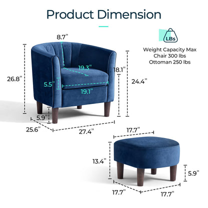 LINSY Accent Chair with Ottoman, Modern Barrel Chair Comfy Armchair Reading Chair with Footrest, Round Arms Chair for Living Room Bedroom Reading Room, Velvet, Olive