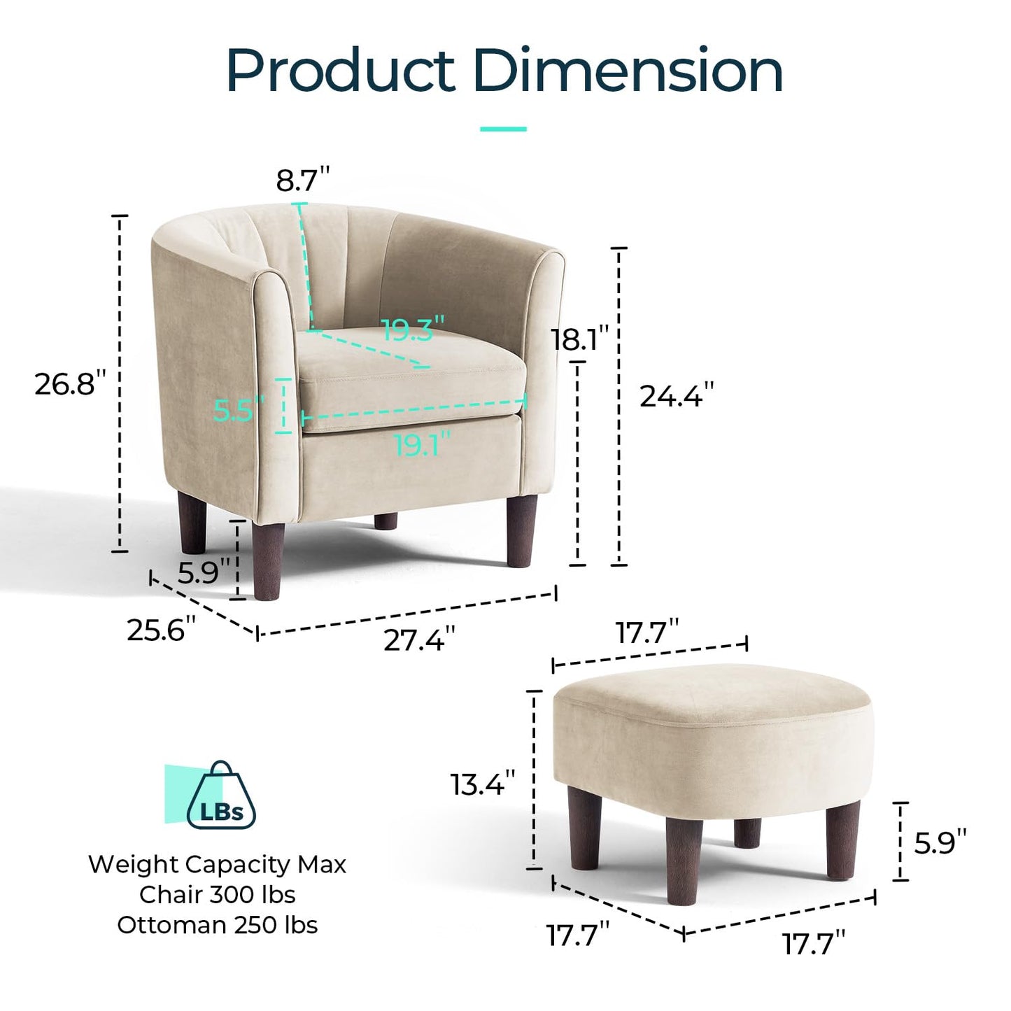 LINSY Accent Chair with Ottoman, Modern Barrel Chair Comfy Armchair Reading Chair with Footrest, Round Arms Chair for Living Room Bedroom Reading Room, Velvet, Olive