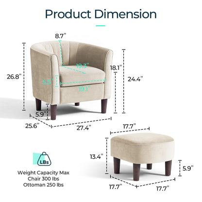 LINSY Accent Chair with Ottoman, Modern Barrel Chair Comfy Armchair Reading Chair with Footrest, Round Arms Chair for Living Room Bedroom Reading Room, Velvet, Olive