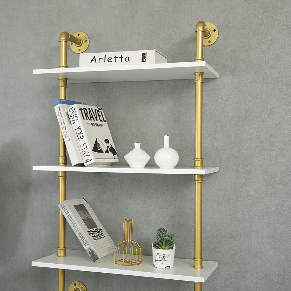 Industrial Gold Bookshelf-6 Tier Wall Mounted Ladder Bookshelf, Rustic Gold Storage Book Shelves Display Bookcases for Living Room/Home/Office