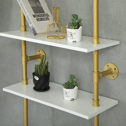 Industrial Gold Bookshelf-6 Tier Wall Mounted Ladder Bookshelf, Rustic Gold Storage Book Shelves Display Bookcases for Living Room/Home/Office