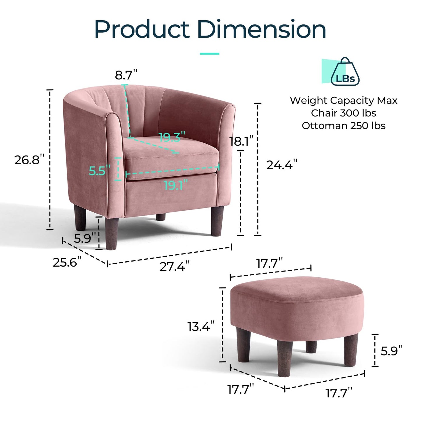 LINSY Accent Chair with Ottoman, Modern Barrel Chair Comfy Armchair Reading Chair with Footrest, Round Arms Chair for Living Room Bedroom Reading Room, Velvet, Olive