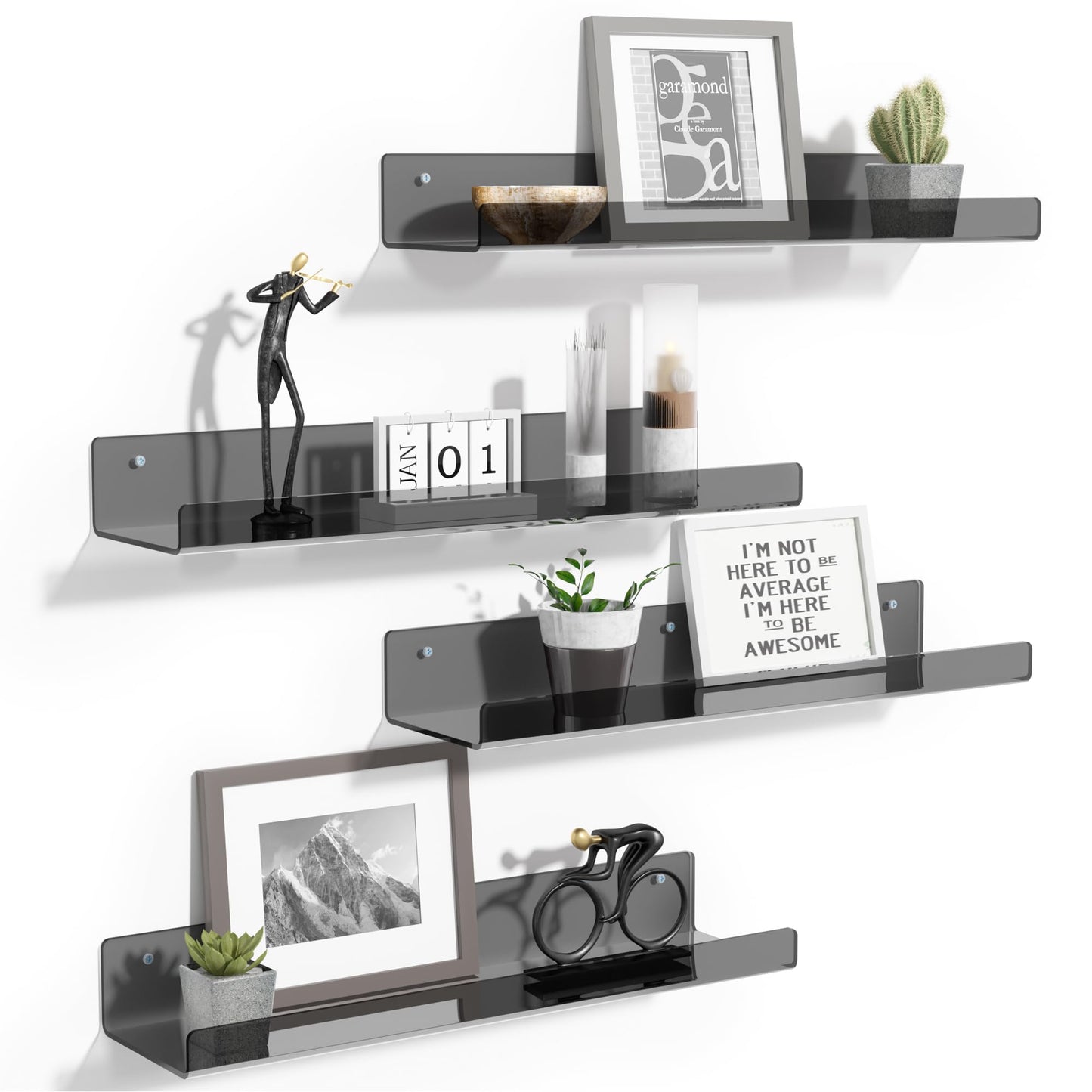 upsimples 4 Pack Acrylic Shelves for Wall Storage, 15" Floating Bookshelves for Kids, Display Shelf Organizer for Bathroom, Bedroom, Living Room, Kitchen, Room Decor, Clear