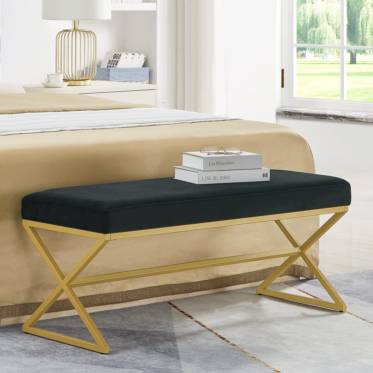 24KF Velvet Upholstered Entryway Bench with Metal Leg, Padded Bedroom Bench Seat Cushion with Golden Metal X-Legs -Jade