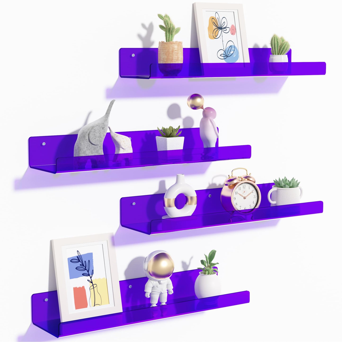 upsimples 4 Pack Acrylic Shelves for Wall Storage, 15" Floating Bookshelves for Kids, Display Shelf Organizer for Bathroom, Bedroom, Living Room, Kitchen, Room Decor, Clear