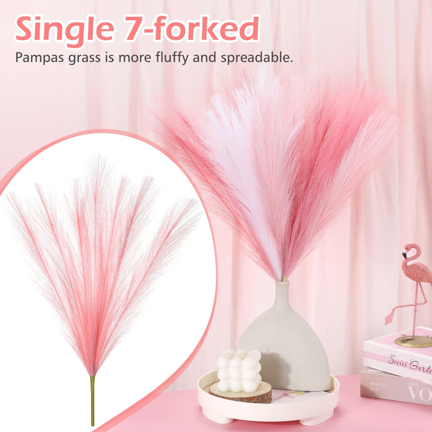 9 Pcs 17" Pampas Grass Decor Pink Purple Faux Dried Fluffy Fake Small Violet Pompas Artificial Pompous Short Stems Bouquet Flower Arrangement Vase Filler for Boho Home Wedding Decoration