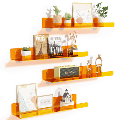 upsimples 4 Pack Acrylic Shelves for Wall Storage, 15" Floating Bookshelves for Kids, Display Shelf Organizer for Bathroom, Bedroom, Living Room, Kitchen, Room Decor, Clear