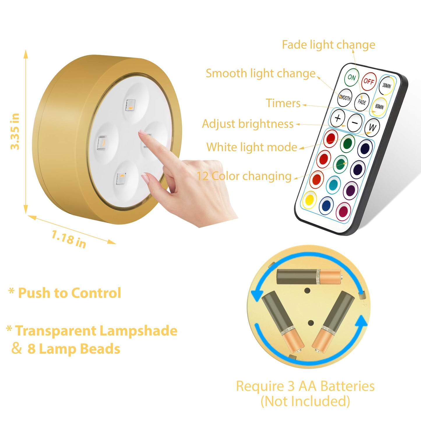 3Pcs Battery Operated Picture Light, Magnetic Led Painting Light with Remote Dimmable and Timer, 3 Lighting Modes Art Display Light for Picture Frame Paintings, Wireless Wall Decor Puck Lights, Gold