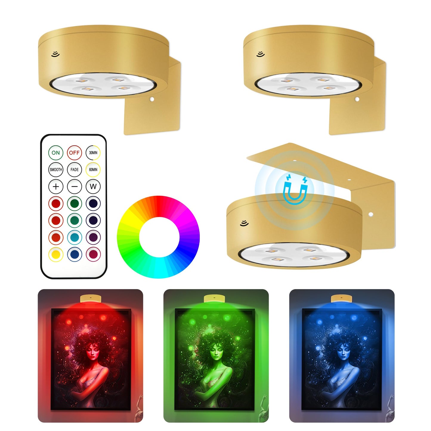 3Pcs Battery Operated Picture Light, Magnetic Led Painting Light with Remote Dimmable and Timer, 3 Lighting Modes Art Display Light for Picture Frame Paintings, Wireless Wall Decor Puck Lights, Gold