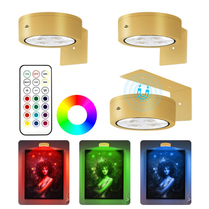 3Pcs Battery Operated Picture Light, Magnetic Led Painting Light with Remote Dimmable and Timer, 3 Lighting Modes Art Display Light for Picture Frame Paintings, Wireless Wall Decor Puck Lights, Gold