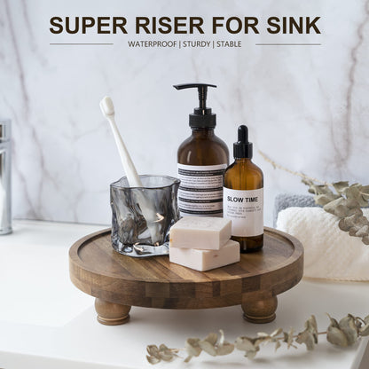 EOSAHR Modern Wood Riser for Display : Farmhouse Pedestal Stand for Kitchen Counter and Home Decor, Round Waterproof Display Tray for Soap on Sink (Black)