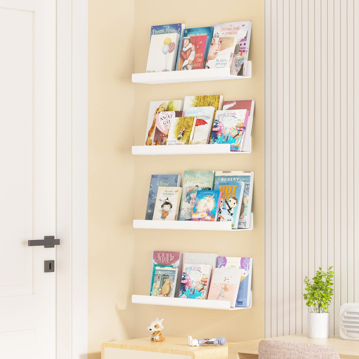 upsimples 4 Pack Acrylic Shelves for Wall Storage, 15" Floating Bookshelves for Kids, Display Shelf Organizer for Bathroom, Bedroom, Living Room, Kitchen, Room Decor, Clear