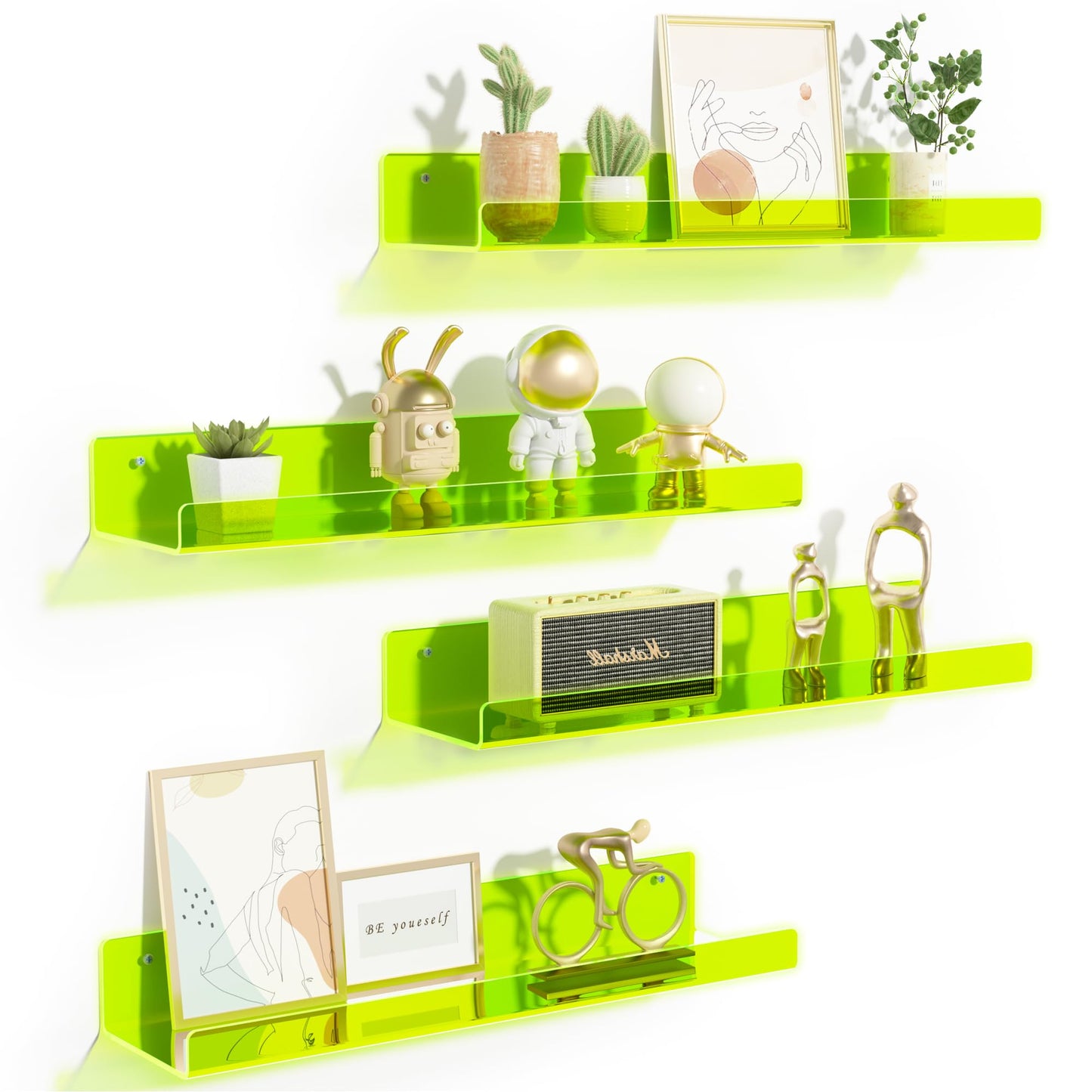 upsimples 4 Pack Acrylic Shelves for Wall Storage, 15" Floating Bookshelves for Kids, Display Shelf Organizer for Bathroom, Bedroom, Living Room, Kitchen, Room Decor, Clear