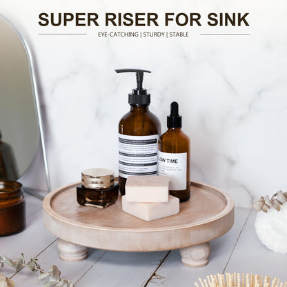 EOSAHR Modern Wood Riser for Display : Farmhouse Pedestal Stand for Kitchen Counter and Home Decor, Round Waterproof Display Tray for Soap on Sink (Black)