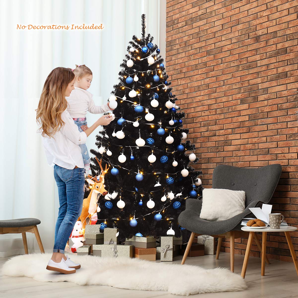 Goplus 6ft Unlit Black Christmas Tree, Artificial Halloween Tree with 1036 Branch Tips, Metal Stand, Xmas Full Tree for Indoor Holiday Carnival Party